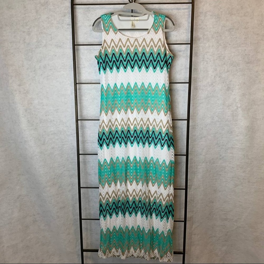 Tacera Chevron Print Knit Maxi Dress Turquoise/Black/Gold/White Women's Size Med